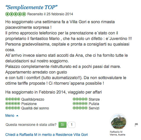 Una recensione del Residence Villa Gori su Trip Advisor