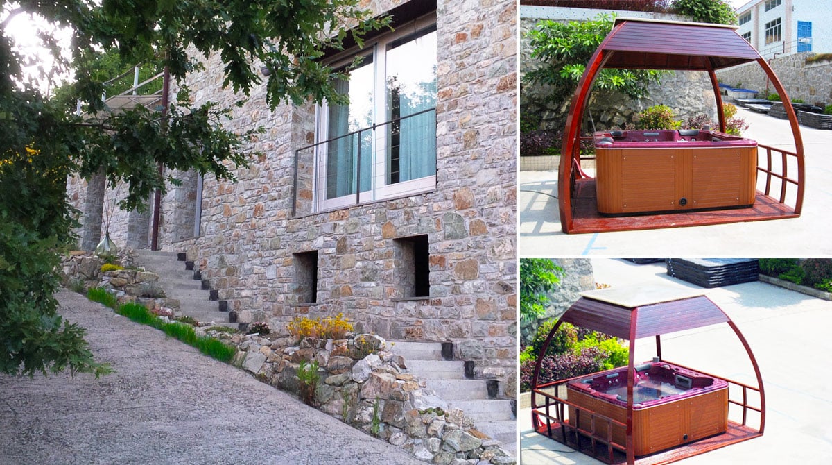Minipiscina idromassaggio in gazebo per cortile di villetta rustica