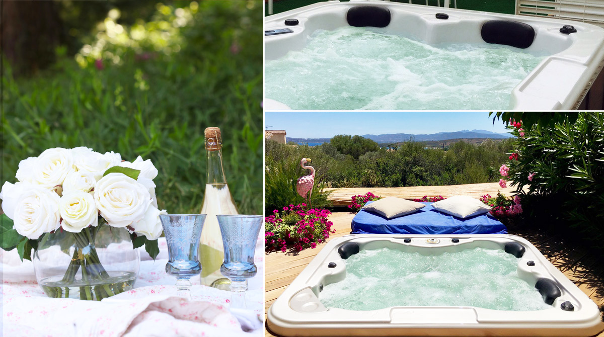 Picnic romantico a bordo di una minipiscina idromassaggio