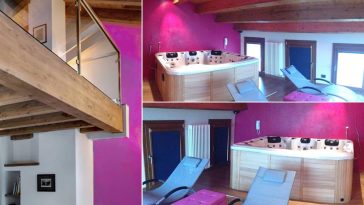 Minipiscina idromassaggio in soppalco di vetro e legno