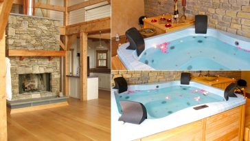 Minipiscina idromassaggio in casa legno pietra