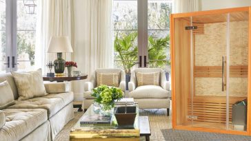 Sauna finlandese in un contesto di living open