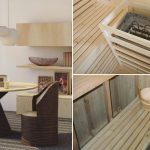 Sauna finlandese in stanza arredata con oggetti di recupero