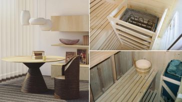 Sauna finlandese in stanza arredata con oggetti di recupero