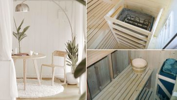 Legno su legno con sauna finlandese in salottino bookish